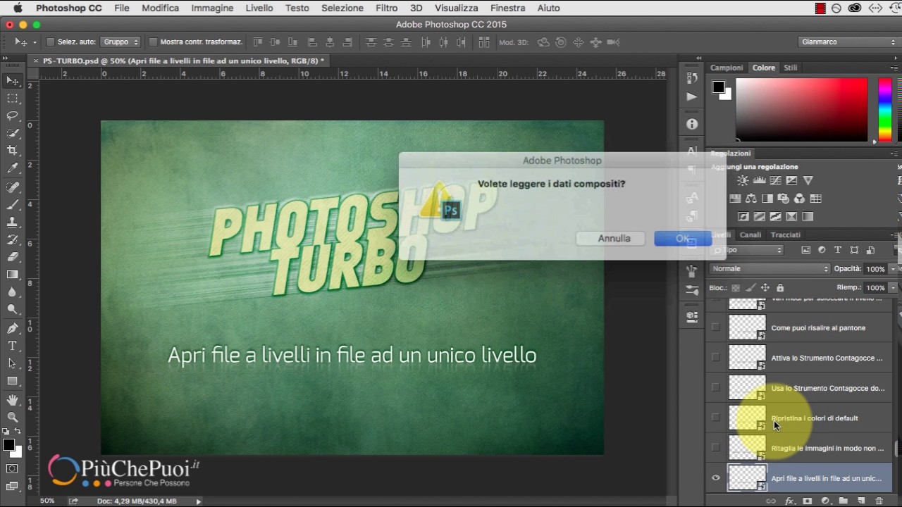 Photoshop CC Turbo: Aprire file a più livelli in file ad un unico livello