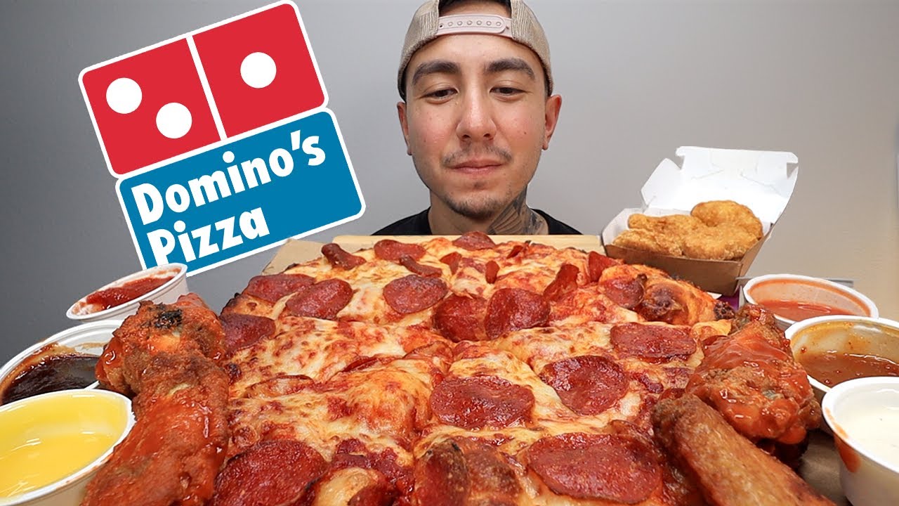 ASMR EATING DOMINO'S EXTRA SAUCE PEPPERONI PAN PIZZA, HOT BUFFALO WINGS, MCDONALDS NUGGETS | RANCH