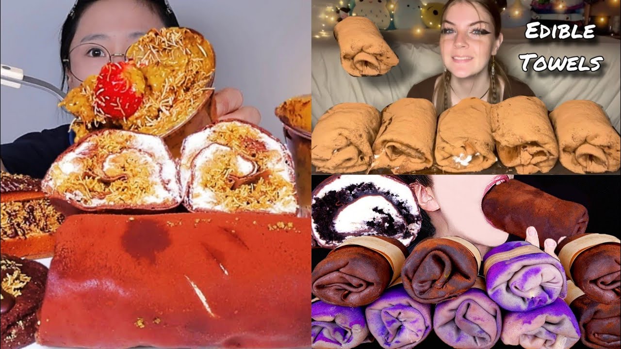 HUGE DUBAI CHOCOLATE TOWEL CREPE CAKE MUKBANG