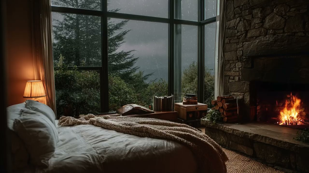 Cozy Mountain Bedroom 🌧️ Heavy Rain on Deck for Sleep & Relaxation