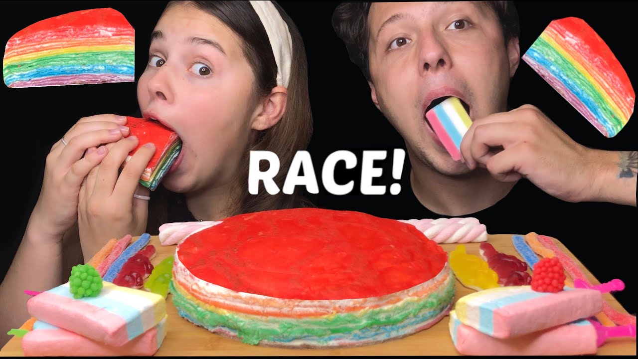ASMR RACE! RAINBOW CREPE CAKE, RAINBOW FOOD, MARSHMALLOW ICE CREAM MUKBANG 레인보우 크레이프 케