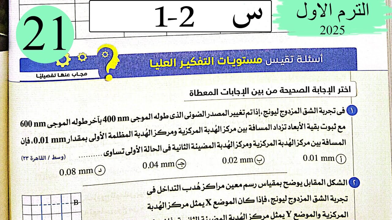 فيزياء 2ث - حل تداخل وحيود الضوء - الاسئلة العليا - كتاب الامتحان 2025