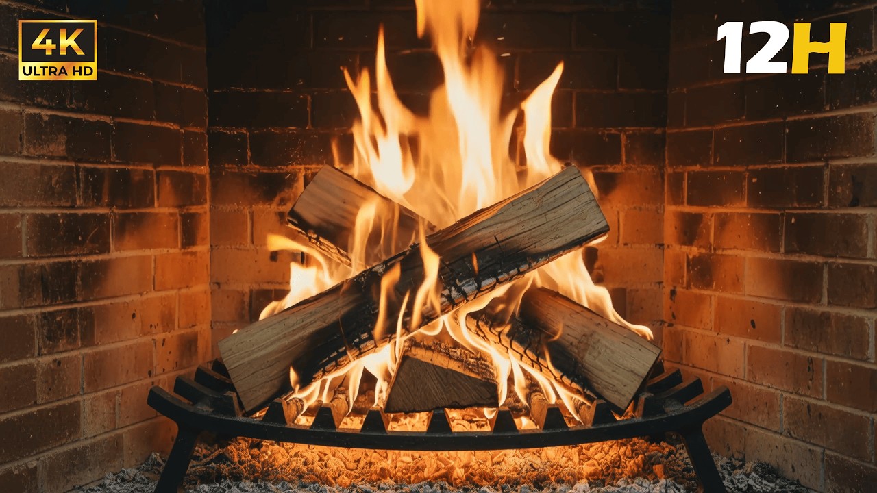 Burning Fireplace in 4K | 12 Hours of Real Fire (Crackling Sounds)