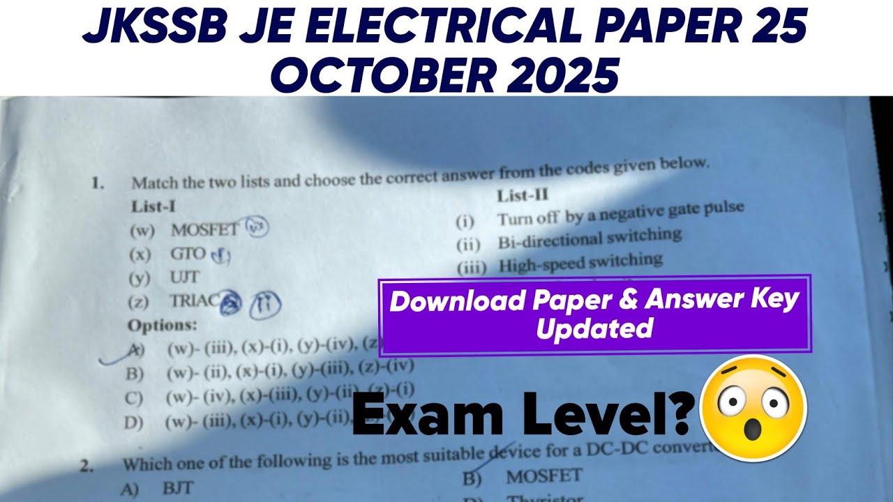 JKSSB JE Electrical Question Paper Today : 25 October Paper PDF | Answer key & Solved ?Paper Level