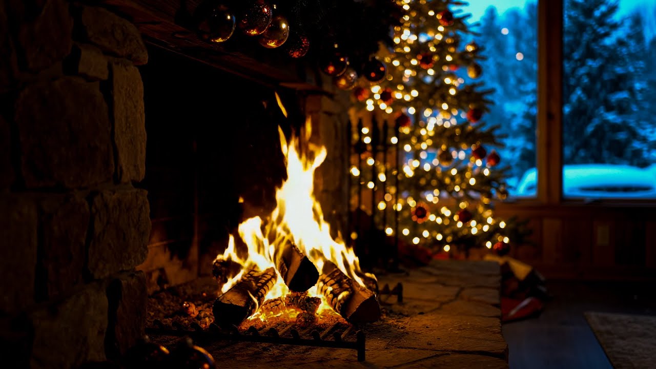 Рождественский Камин 🎄 Треск Поленьев в Уютной Атмосфере Хижины для Снятия Стресса и Бессонницы.