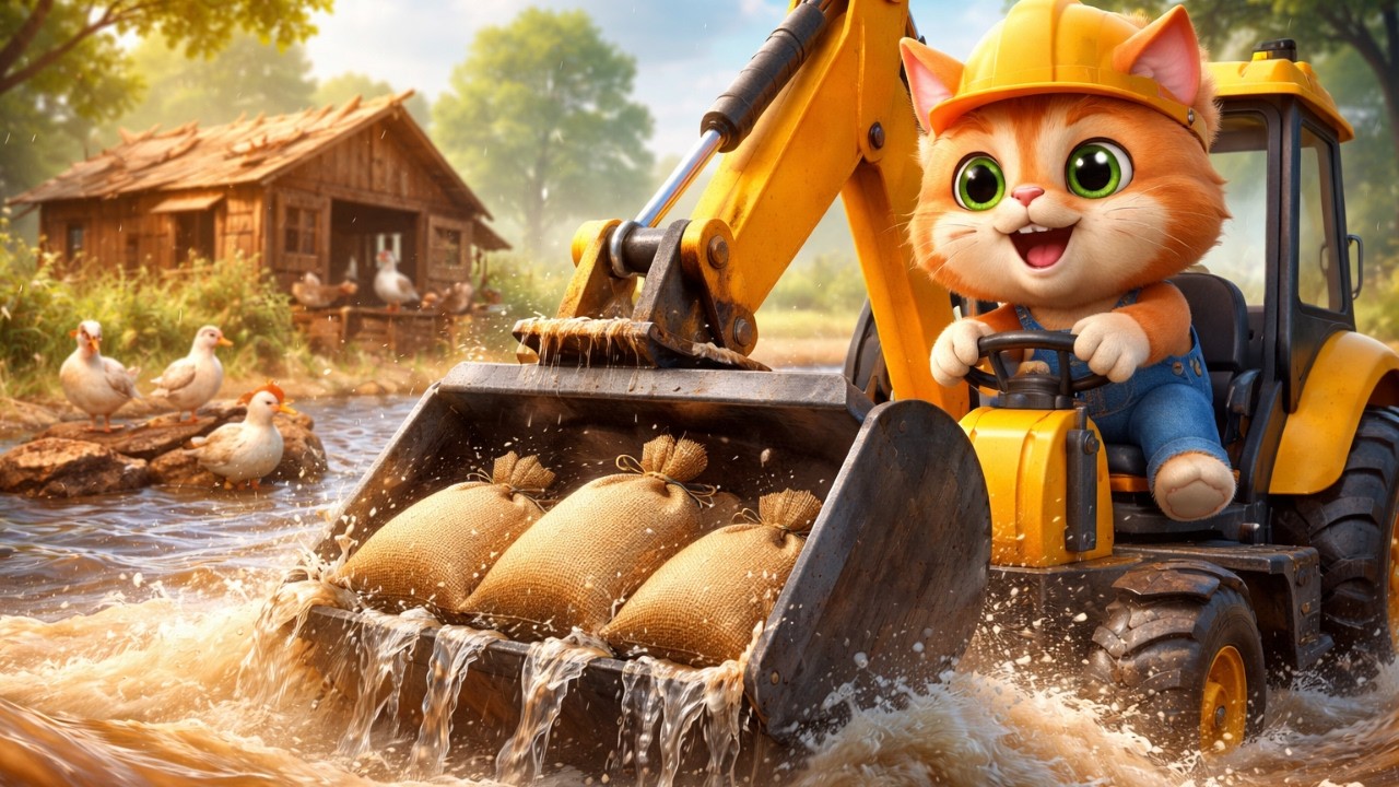 Cute Orange Cat Saves Chickens from Flood – Hero Excavator Rescue Story