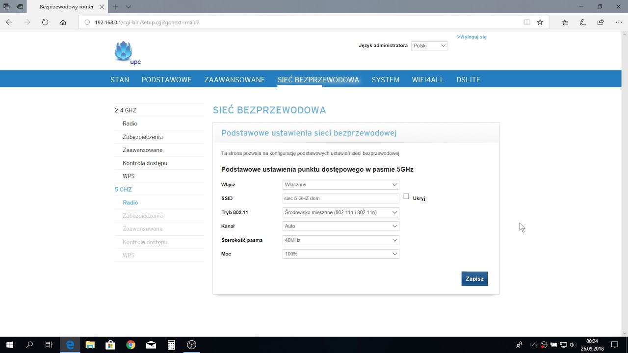 Jak zmienić częstotliwość WiFi z 2,4 na 5 GHz dla routera Ubee EVW 3226 w UPC