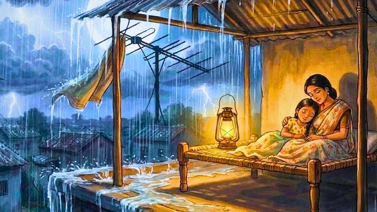 Sudden Heavy Rain in a 1990s Village ⛈️ | Cozy Night & Thunder Ambience | Ghibli Style ASMR