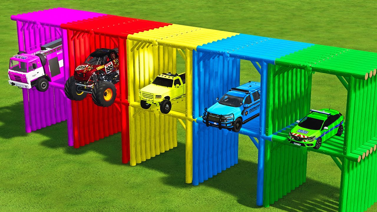 MONSTER POLICE, FORD, CHEVROLET, RENAULT POLICE CARS, FIRE TRUCK TRANSPORTING WITH MAN TRUCKS ! FS22