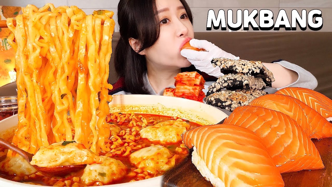 MUKBANGㅣASMR 신메뉴 불닭 짬뽕라면과🌶🌶 직접 만든 삼미식당st 대왕 연어초밥, 김부각 먹방!Jjambbong ramyun,Giant salmon sushi🌶🌶
