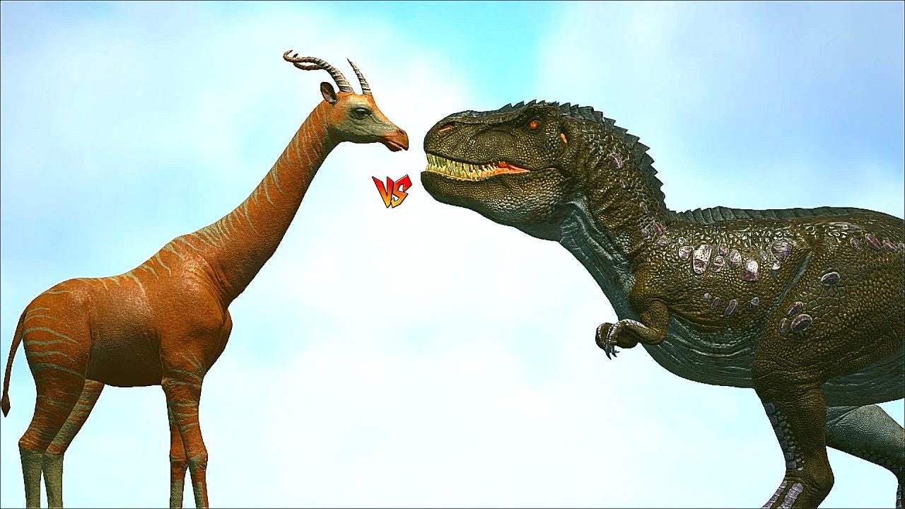 Ark Survival - GIRAFFE FROM ATLAS vs TREX/SPINO/INDORAPTOR and more [Ep.381]