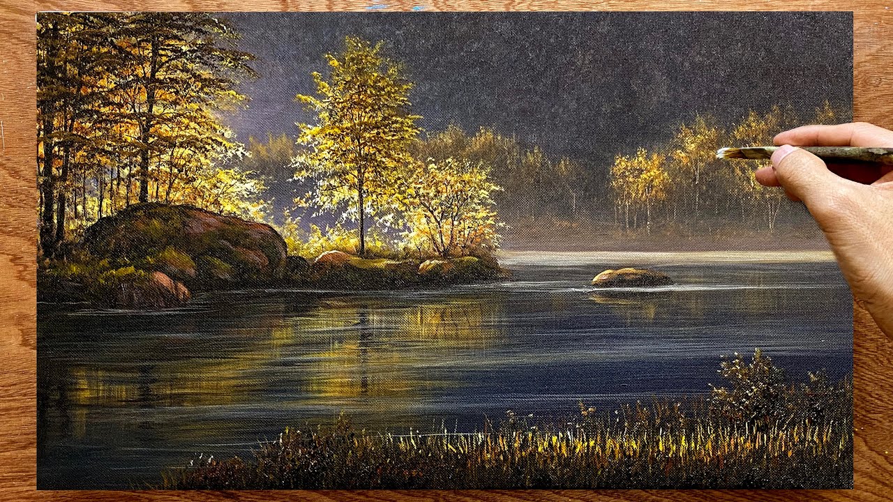 How to draw sunlight by the lake / Lakeside landscape painting / Art painting / A Lu Art.