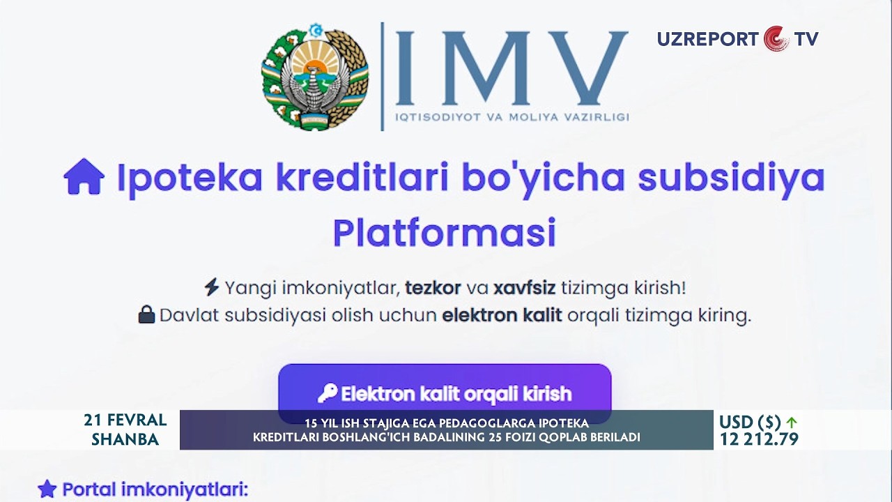15 yil ish stajiga ega pedagoglarga ipoteka kreditlari boshlang‘ich badalining 25 %i qoplab beriladi