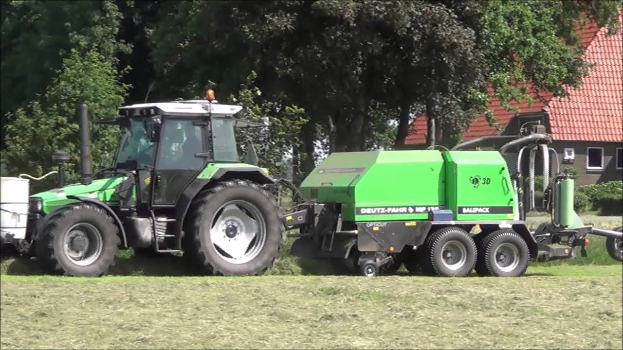 Gras harken met Deutz D 5505 en balen persen met Deutz Fahr Agrostar 6 08 + Deutz Fahr MP 135 pers