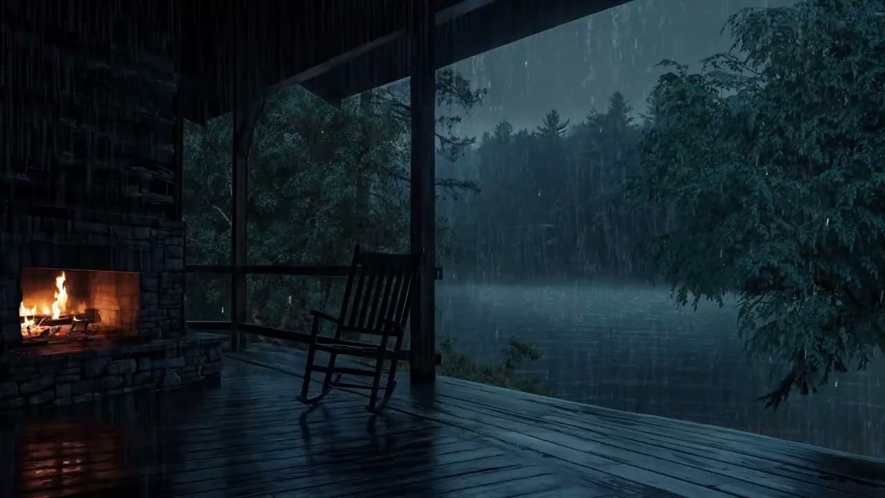 ⛈️ Rain on the Roof, Thunder Far Away & Fireplace Warmth | A Cozy Night Cabin Ambience