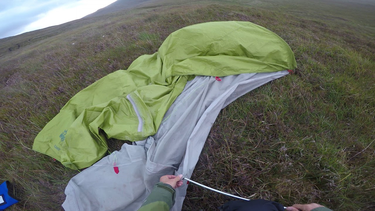 Hebridean Way Wild camping on Mula moor with the Jack Wolfskin gossamer tent in wind. South Harris.