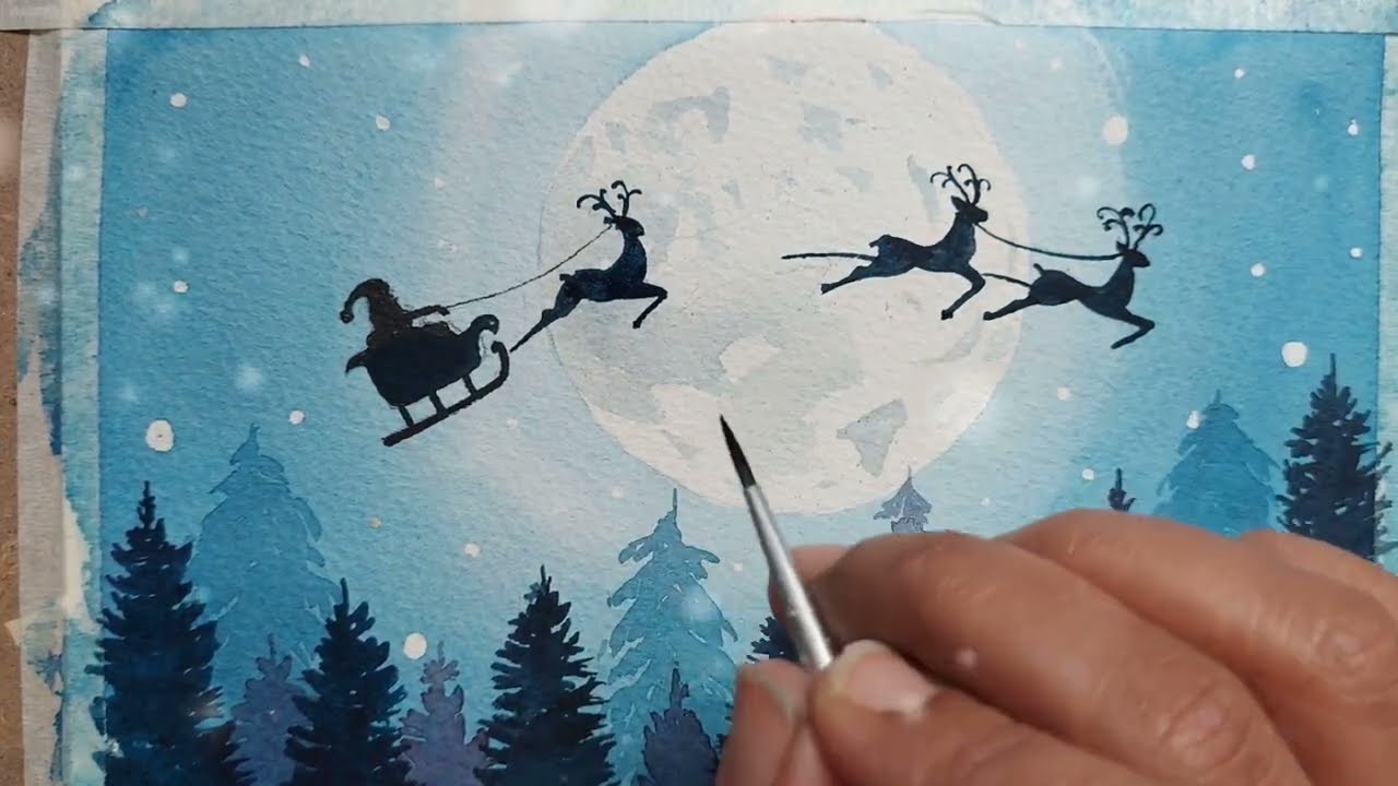 Christmas card drawing very easy. Watercolor Christmas Card. Santa sleigh and reindeers
