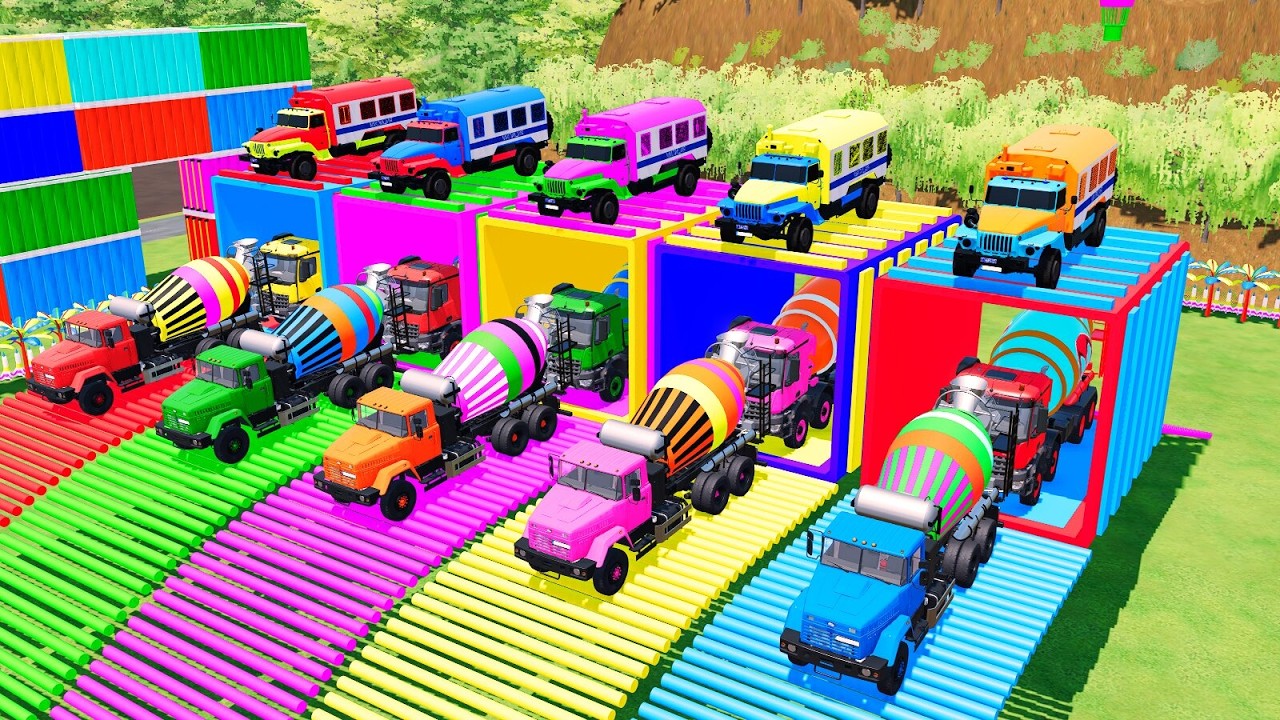 Garage with Colors - ALL MIXER TRUCK WITH DOUBLE FLATBED TRAILER TRUCK, SCANIA, KENWORTH, IVECO