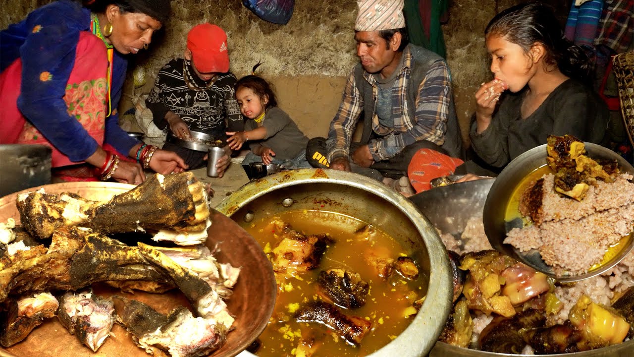 buff legs dry meat curry recipe in the village with rice by dharme brother's family || Rural Nepal |