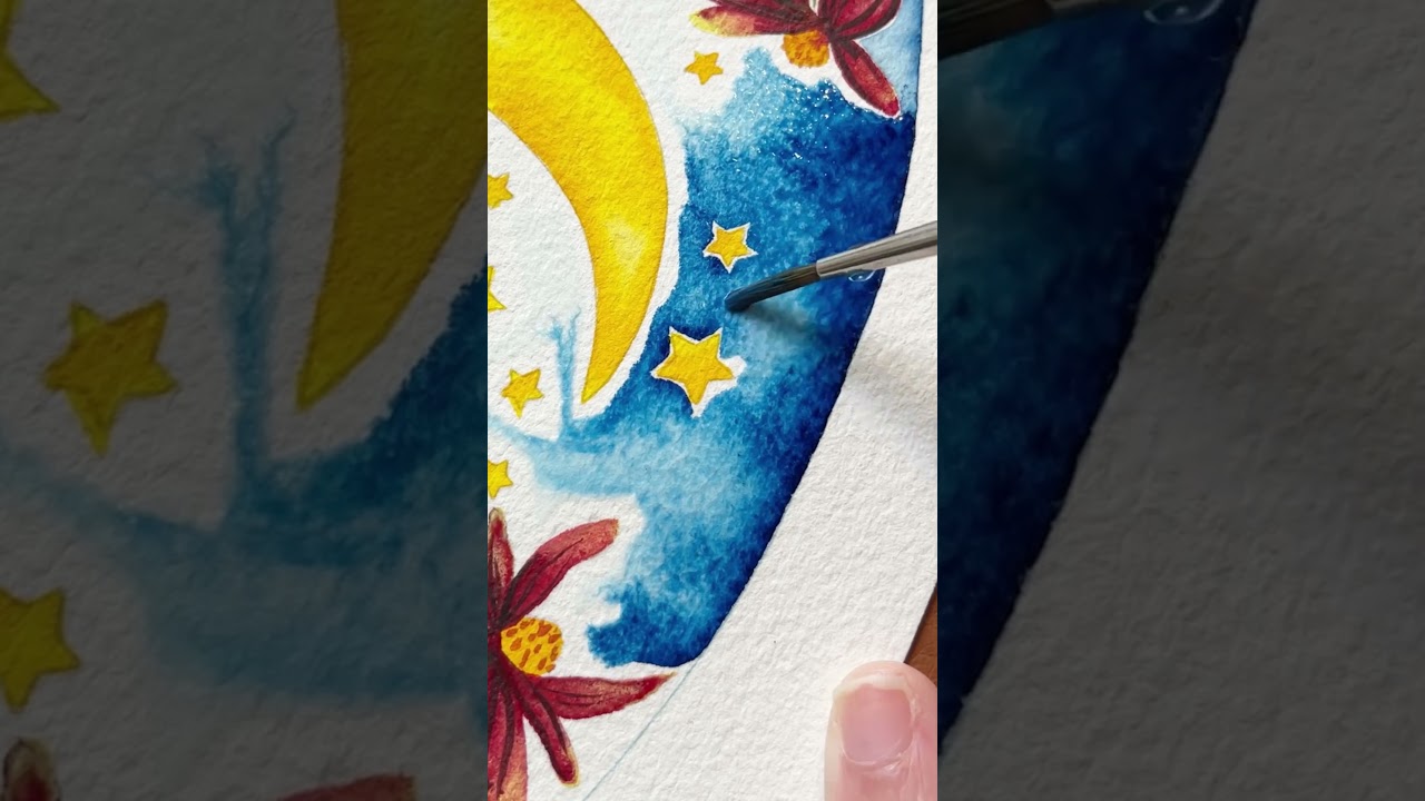 Golden Moon Watercolor Painting #crescent #moonart #satisfyingart  #butterflyart #shorts