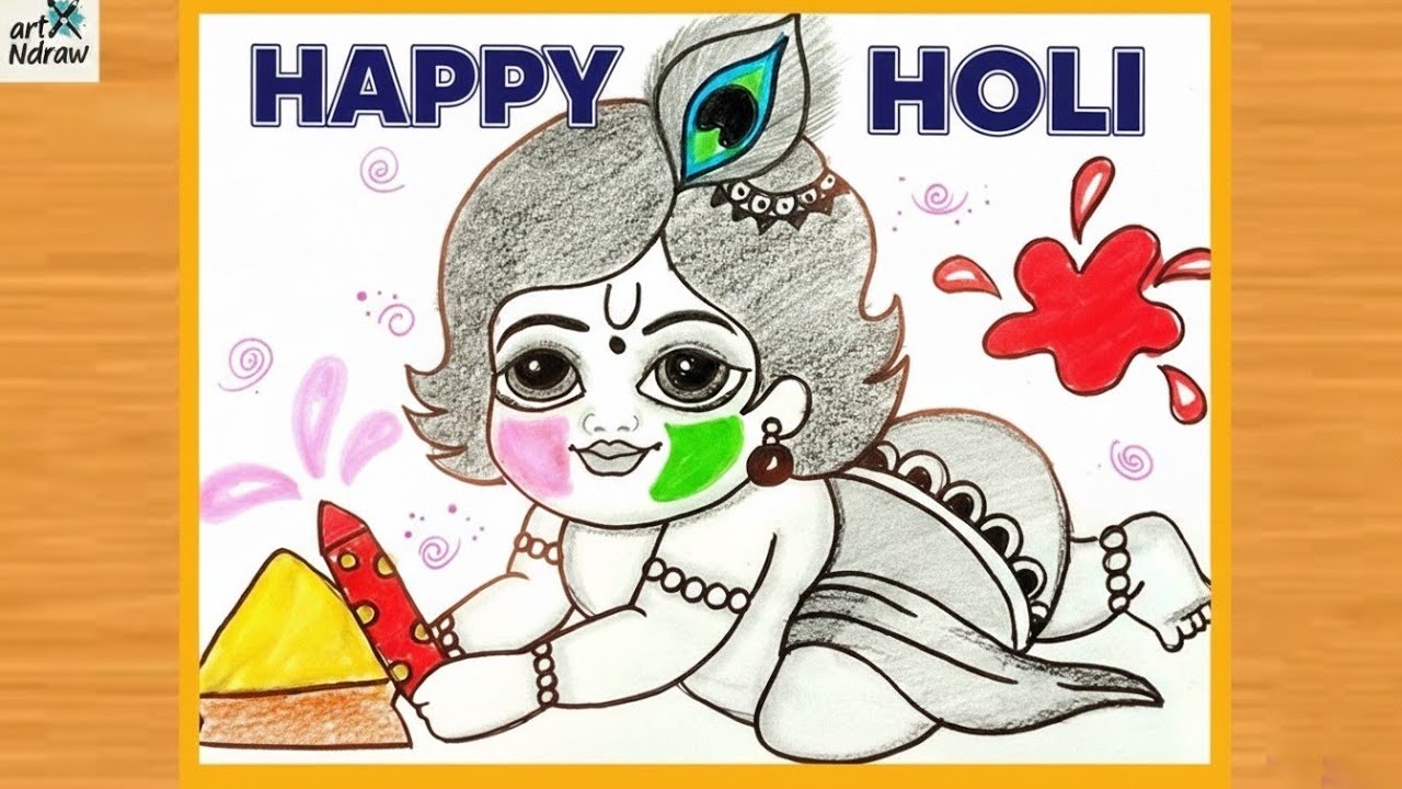 Holi Drawing Easy and Beautiful | Baby Krishna Holi Drawing | Step by Step for Kids