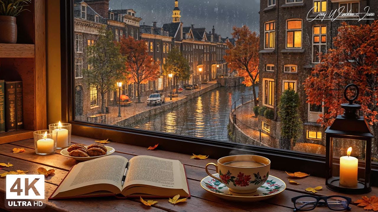 Autumn Rain Jazz at the Window ☕🍂 Amsterdam View with Coffee & Candlelight for Work, Relax, Focus