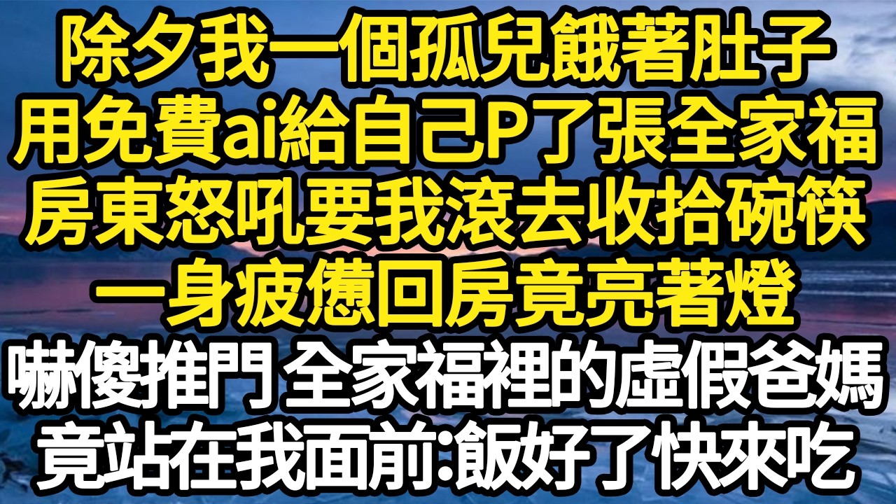 除夕我一個孤兒餓著肚子，用免費ai給自己P了張全家福，房東怒吼要我滾去收拾碗筷，一身疲憊回房竟亮著燈，嚇傻推門 全家福裡的虛假爸媽，竟站在面前：飯好了快來吃#故事#悬疑#人性#刑事#人生故事#生活哲學