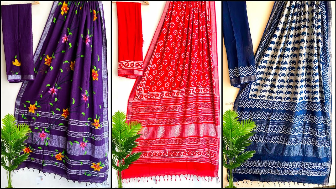 Linen Cotton Sarees | Linen Cotton Sarees of Bagru Print | Plain Linen Saree #shopnow 
