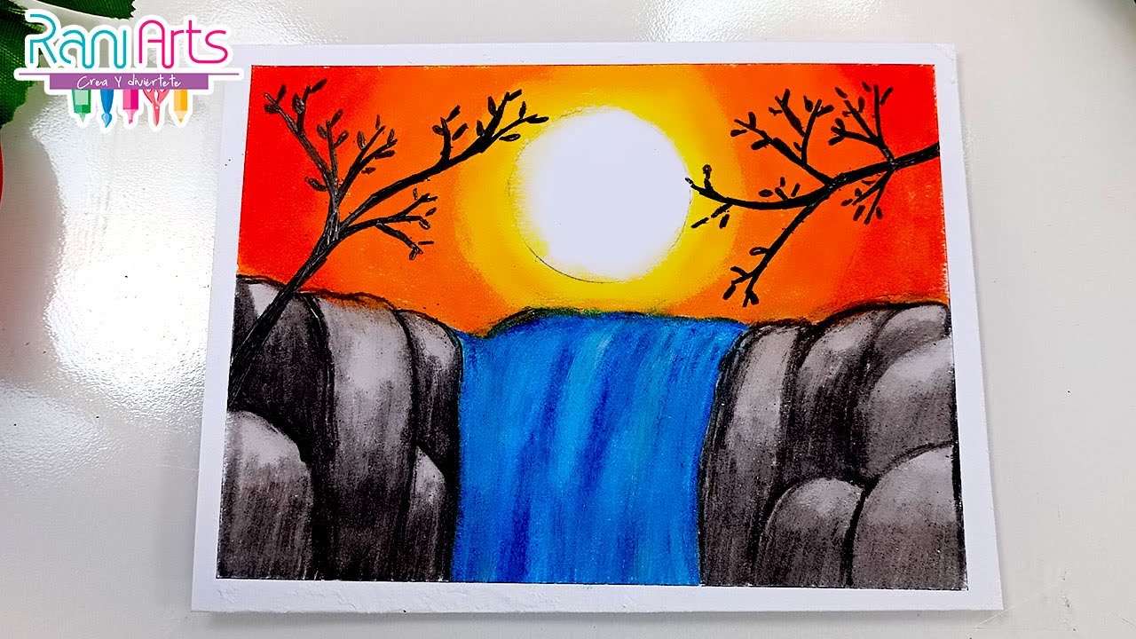 Cómo dibujar una CASCADA con óleo pastel - dibujos de paisajes fáciles