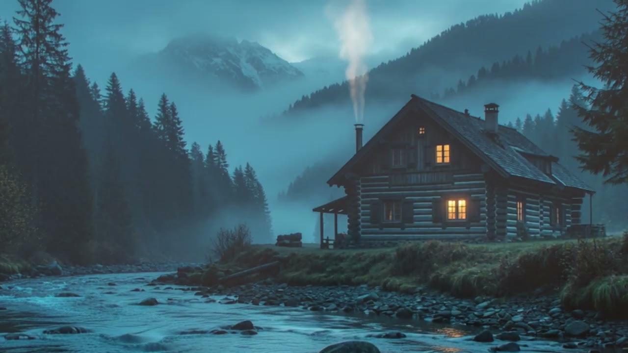 A Slow and Peaceful Night Beside the River as a Lonely Cabin Glows in the Foggy Woods