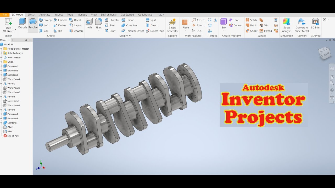 Autodesk Inventor Tutorial  Model #28 - Engine Crank Shaft