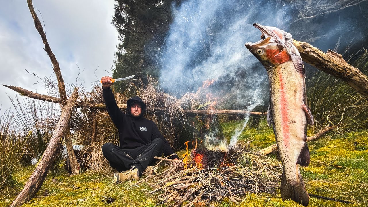 GIANT TROUT Catch & Cook &ndash; Surviving Extreme Wind. A Wild Fire Feast