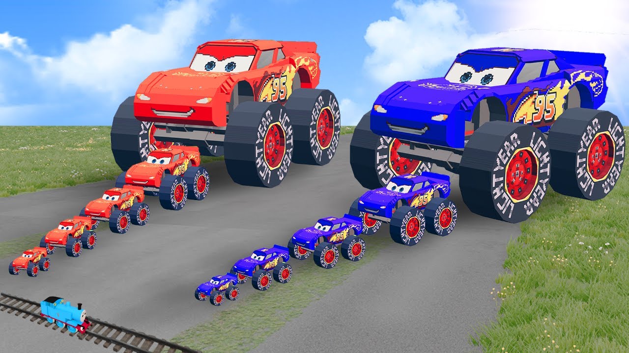 Big & Small: Red and Blue Lego Monster Truck Lightning McQueen vs Thomas Trains | BeamNG.Drive