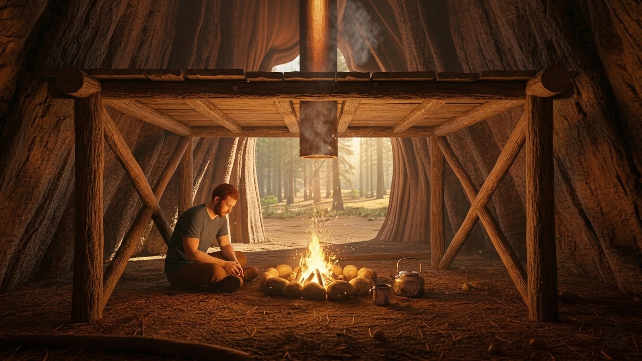 Built a Secret Survival Shelter INSIDE a Giant Hollow Tree (ASMR)