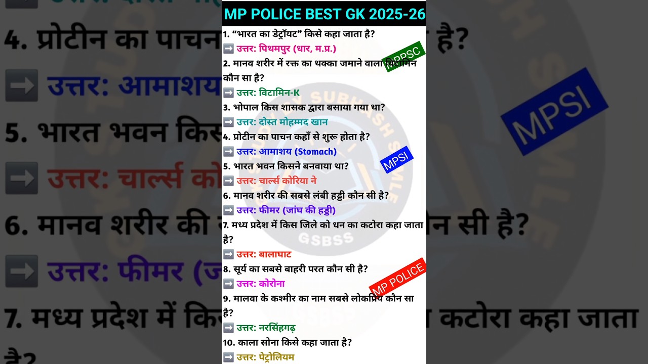 MP POLICE GK || MP GK SHORT || MP GK QUESTION #gk #mpgk #gkshorts #gkinhindi #gkquiz