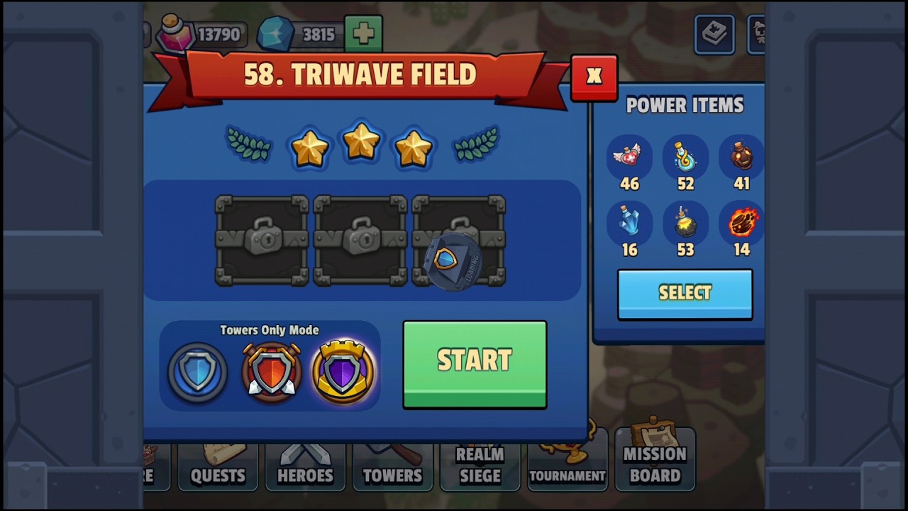 Realm Defense - World 3 | Level 58 (Triwave Field) | Towers Only Mode | 3 Stars | No Spell