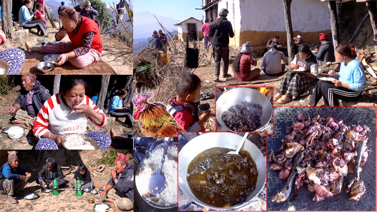 jungle man gives party to his villagers || chicken soup curry with rice ||  home puja party