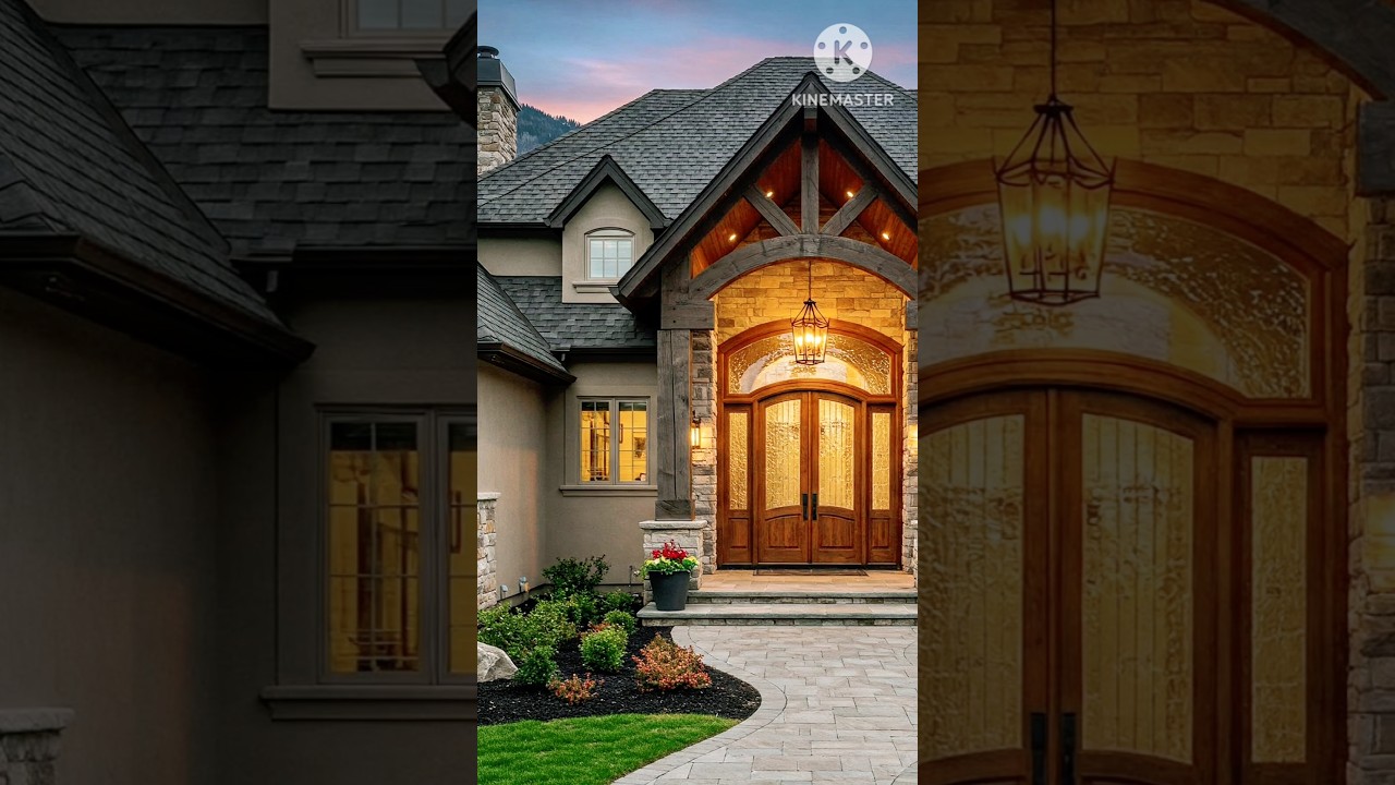 A Modern Cozy design with soft,neutral stucco exterior a terracotta-tiled gabled roof 