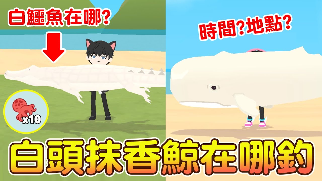 【天天玩樂園】白頭抹香鯨在哪釣？出現時間是？白色鱷魚在哪釣？免費章魚餌如何獲得？抽獎公布好友來囉！CC字幕觀看
