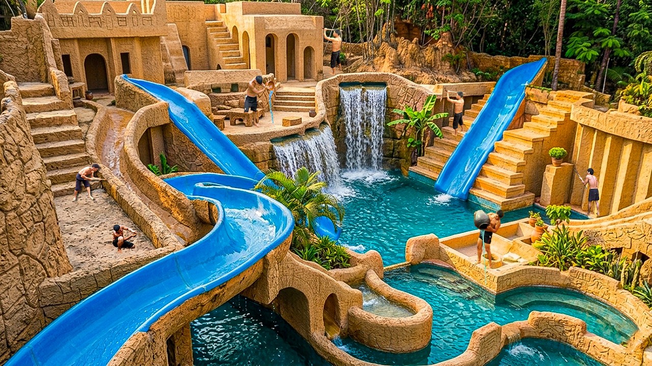 300 Days Building $2M Mud Brick Resort with Spiral Slides & Waterfall Pools Using Primitive Tools