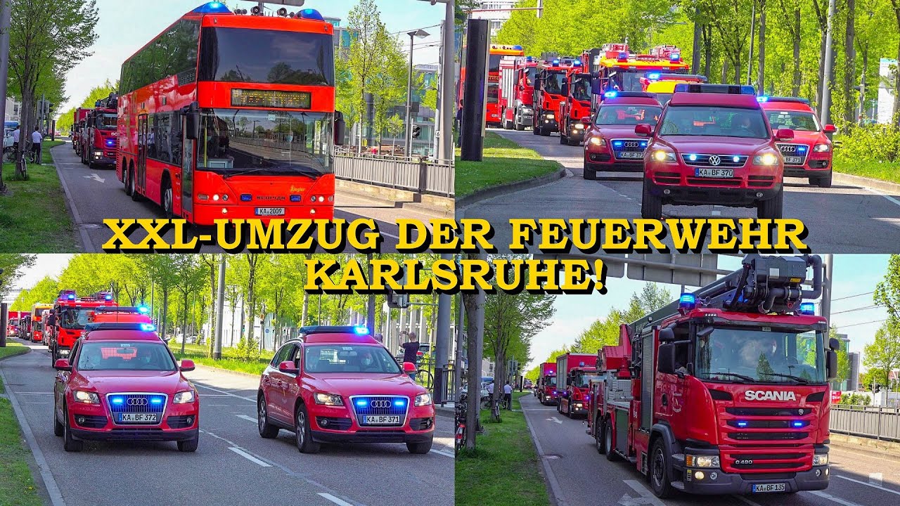 [NEUE FEUERWACHE] - Feuerwehr Karlsruhe mit Blaulichtparade zum Umzug - | 13 ROTE AUTOS + BLAULICHT
