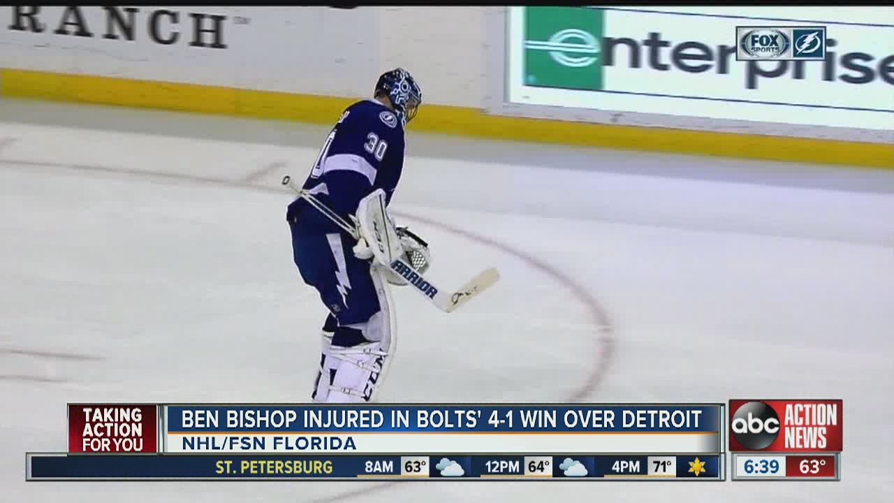 Tampa Bay's Ben Bishop leaves game with injury, Lightning beat Red Wings 4-1