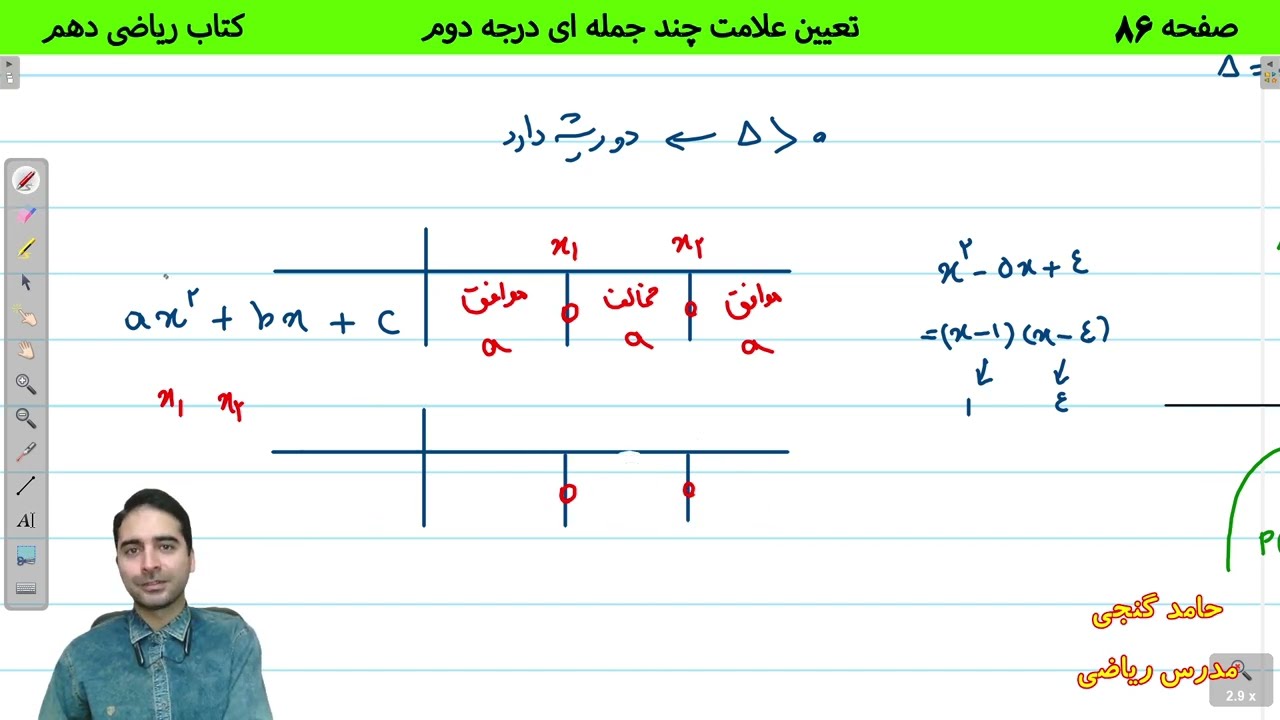 آموزش صفحه 86 کتاب ریاضی دهم - تعیین علامت چندجمله ای درجه دو - حامد گنجی
