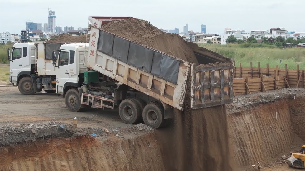 Incredible Bulldozer Action! Shantui DH17C2 Moving Sand & Dump Trucks Dumping into Water