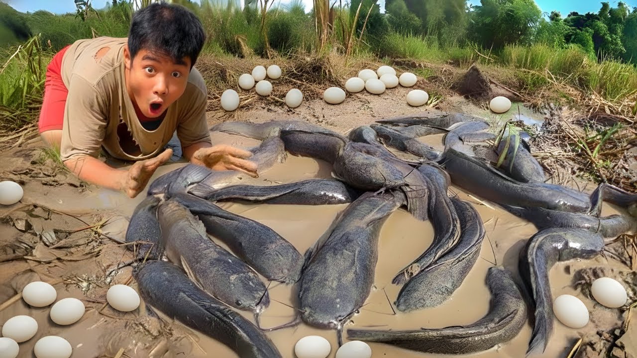 OMG The man caught a lot of fish in the rice fields