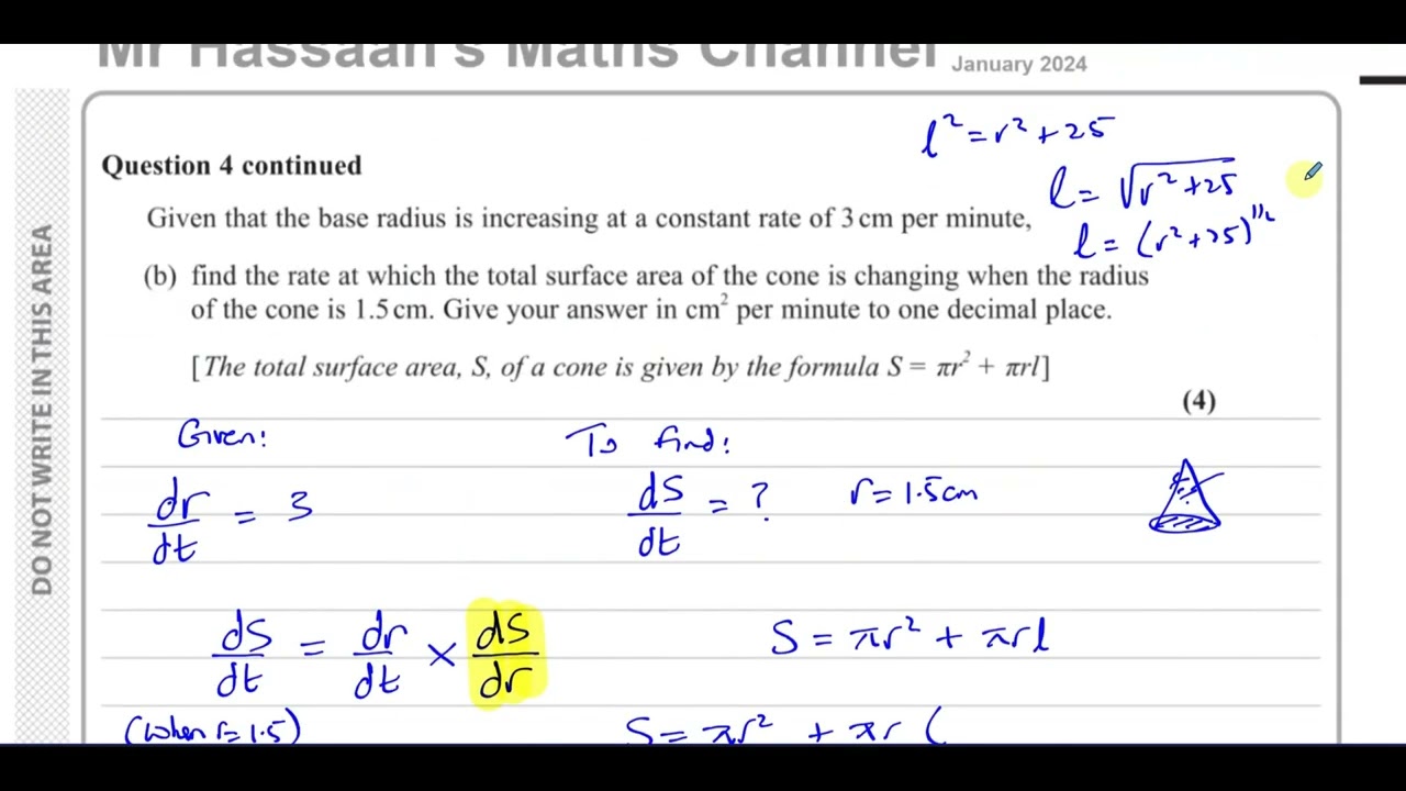 WMA14/01, (Edexcel), IAL P4, January 2024, Q4, Differentiation,Related Rates of Change