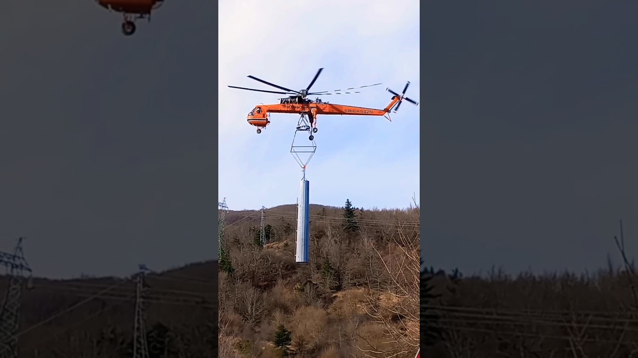 Amazing Powerline Heavy Lift Helicopter Sikorky Erickson Air Crane S-64 Skycrane Monster Lifter