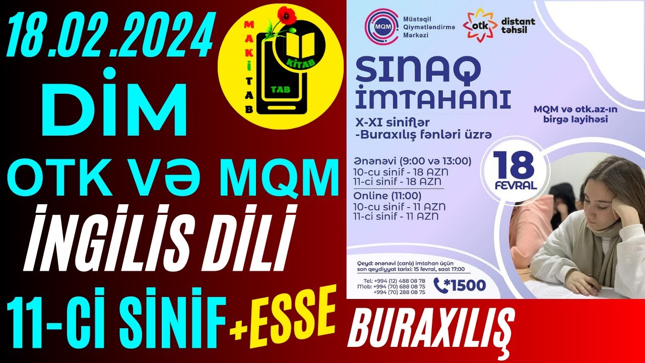 18.02.2024 DİM OTK Buraxılış Sınağı İngilis dili 11-ci sinif | DİM OTK və MQM | 18 fevral 2024 +ESSE