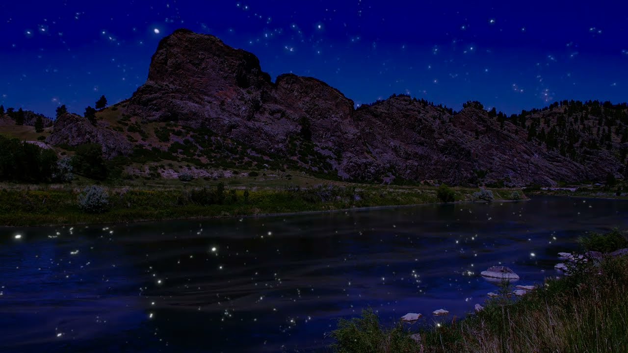 Starry Water and Mountain Nighttime Relaxation Escape - Lapping Water & Insect Sounds (6 Hours)