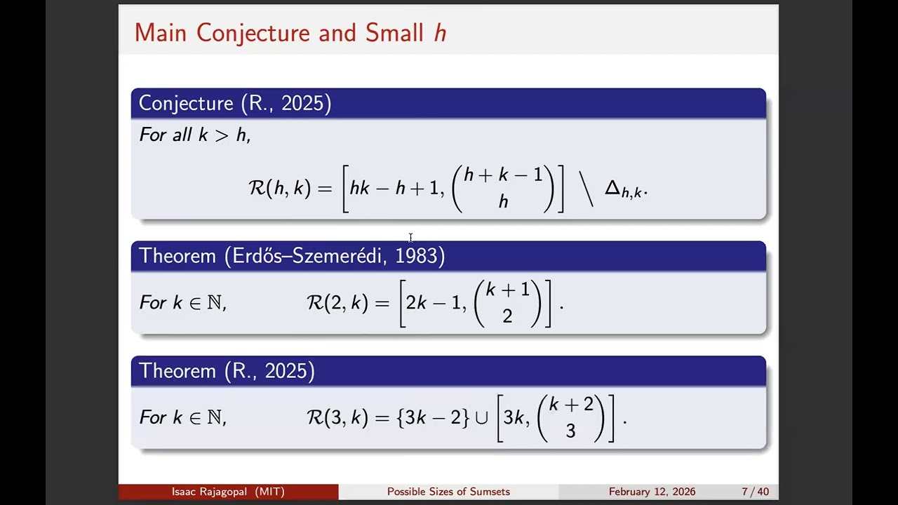 Isaac Rajagopal, Possible sizes of sumsets, New York Number Theory Seminar, 12 February 2026